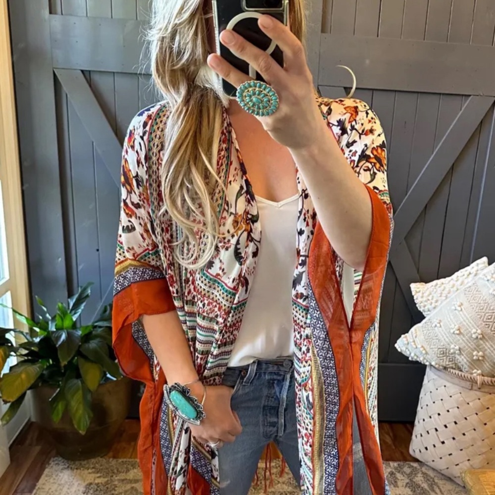New Boho Lightweight Cardigan Kimono Top Fringe Hem Cotton Beach Denim Cover Up - Picture 6 of 11